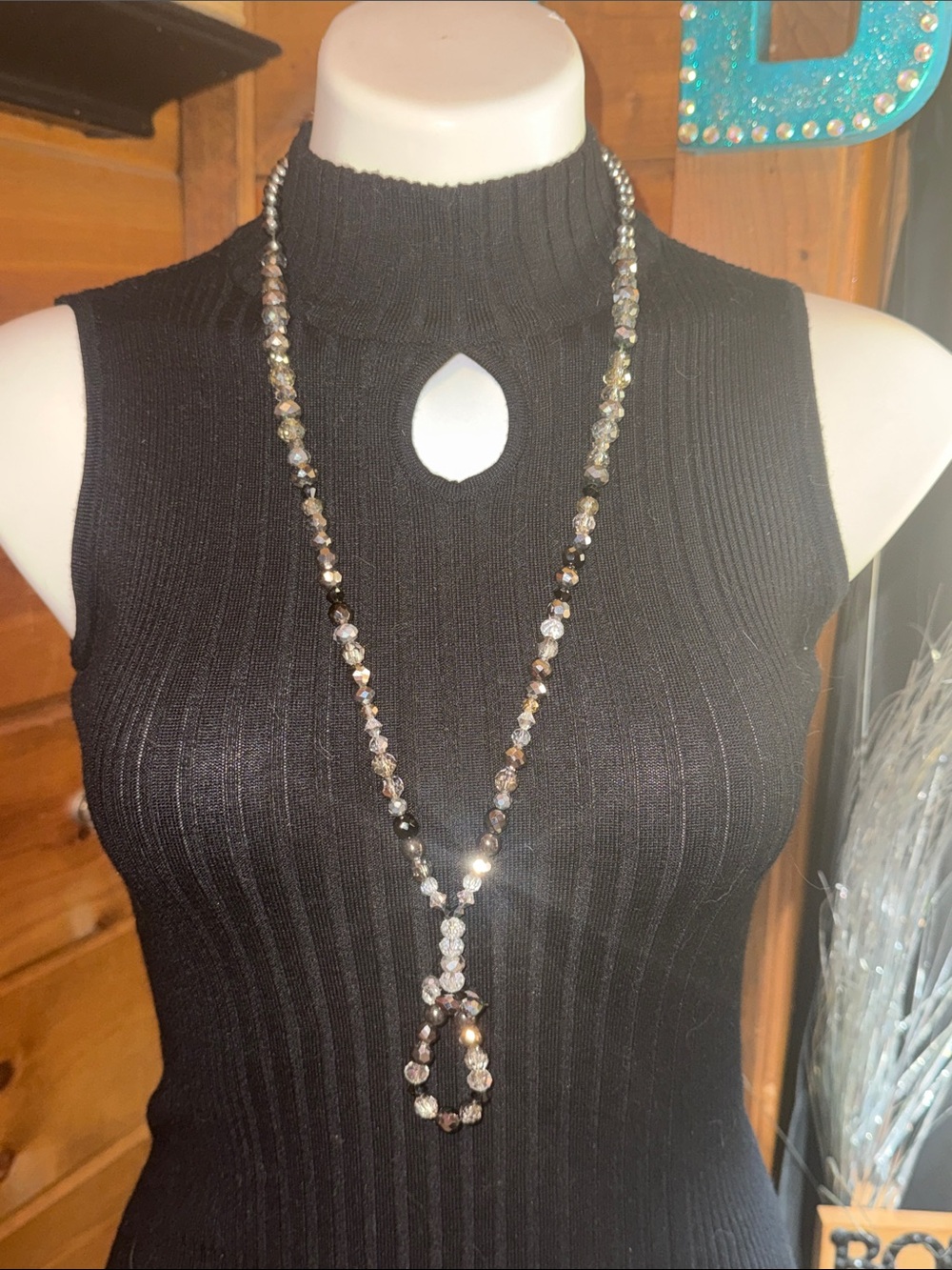 Long Beaded Pendant Necklace - Smoky Crystal Tones